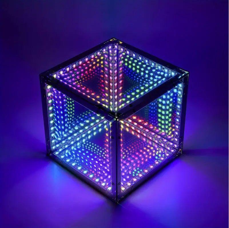 A mirrored cube with colorful LED lights creating an infinity effect, set against a purple background.