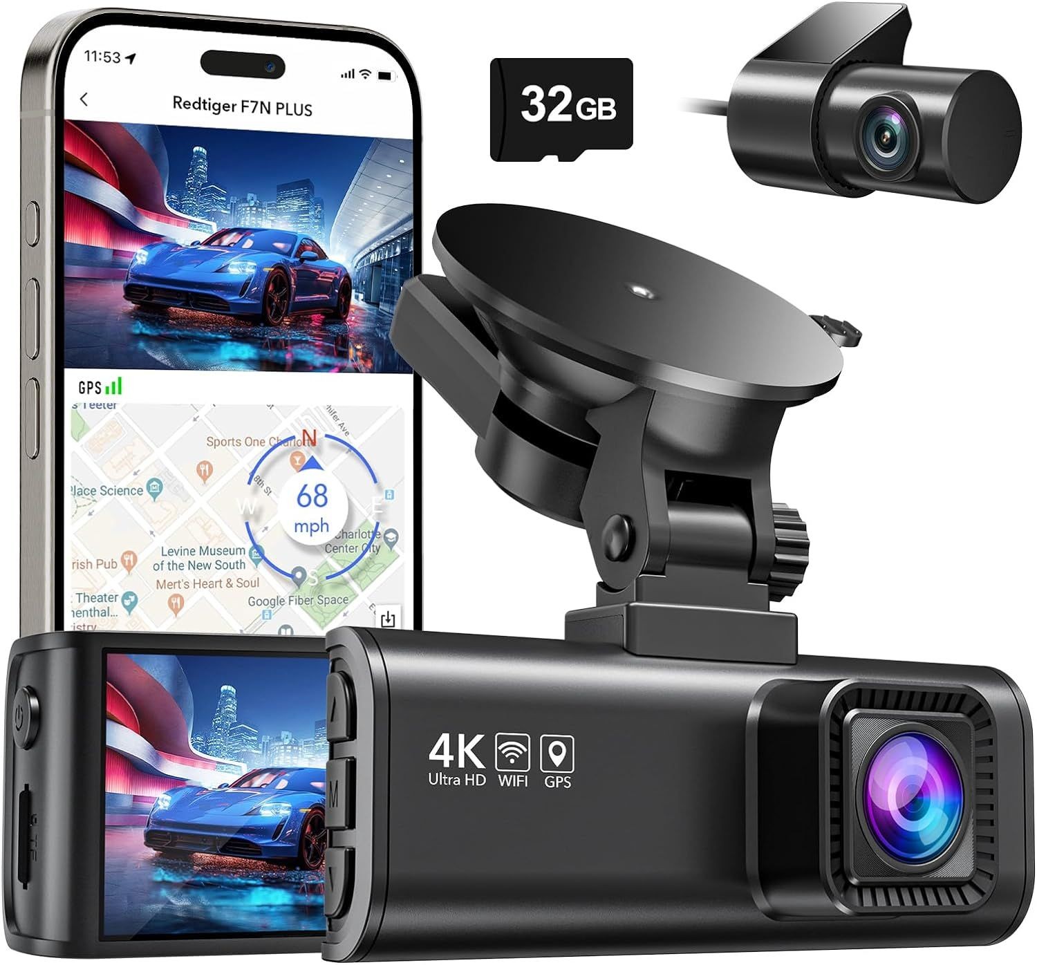 4K dashcam with smartphone app, GPS display, and 32GB memory card.