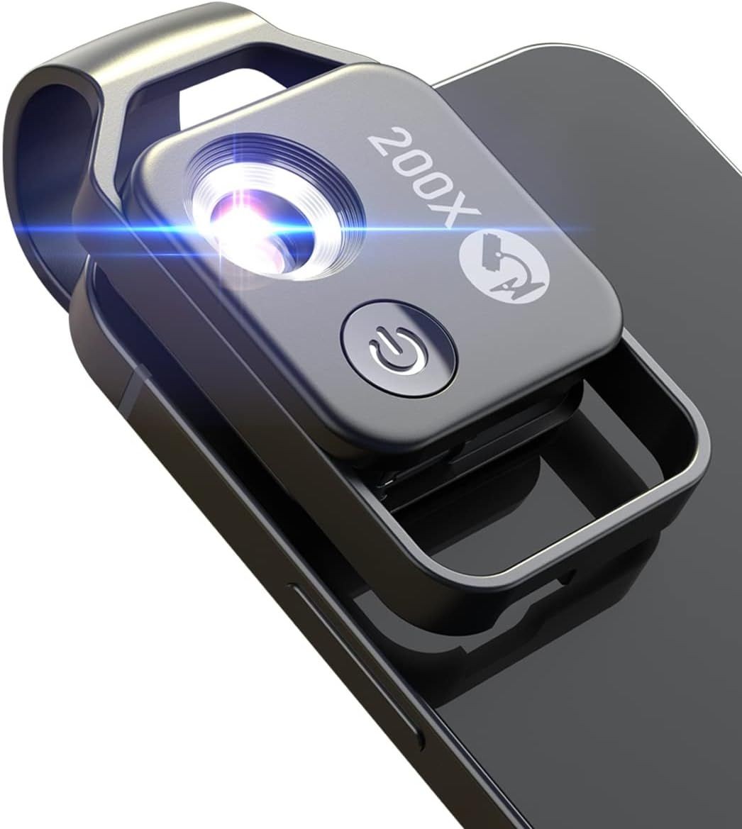 Close-up of a detachable smartphone camera lens with 200X zoom and LED light attachment.