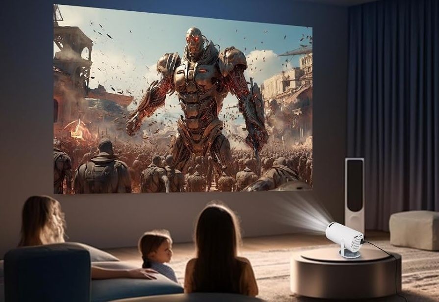 Family watching a movie with giant robot on a projector screen in a cozy living room.