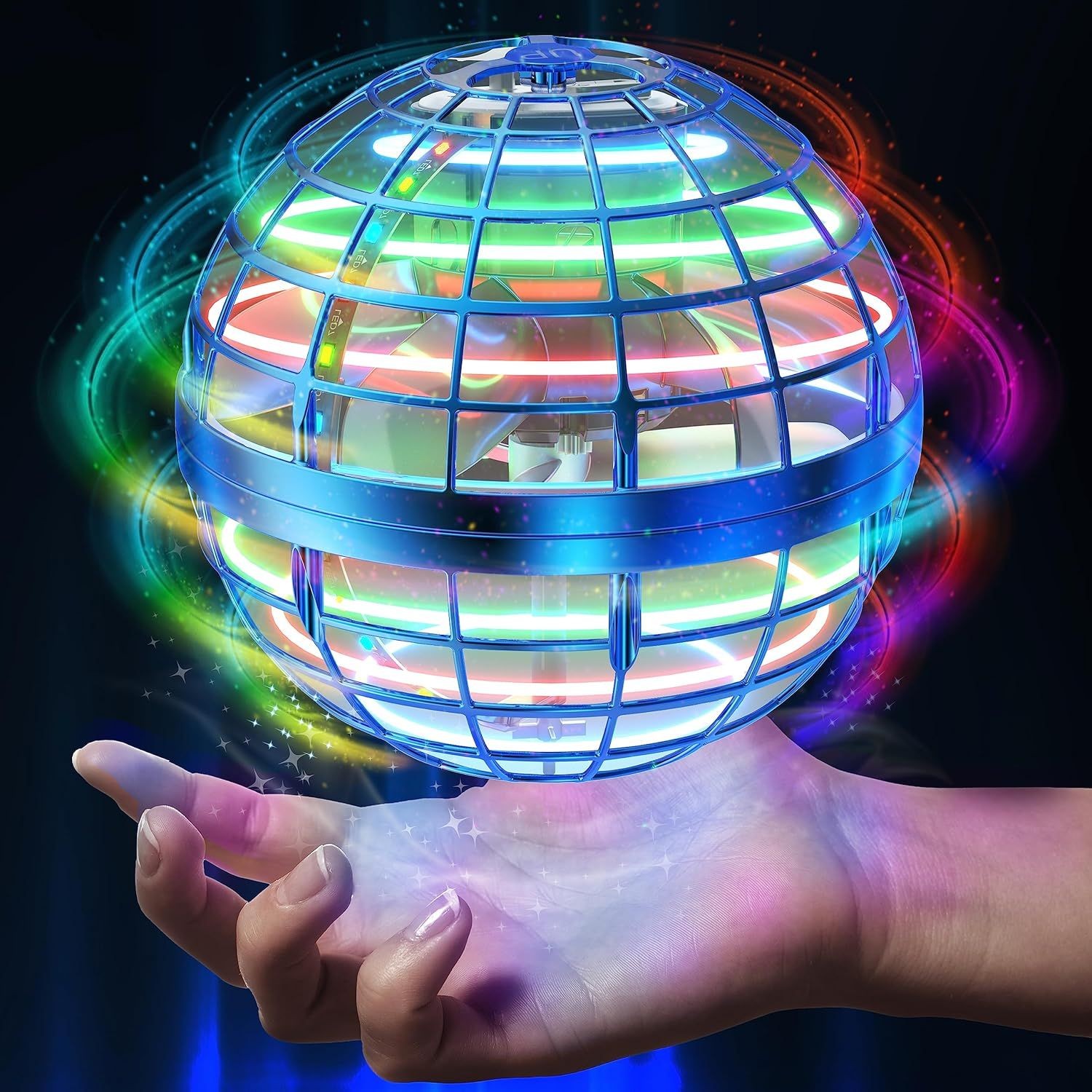 Hand holding a colorful, glowing orb with vibrant swirling patterns against a dark background.