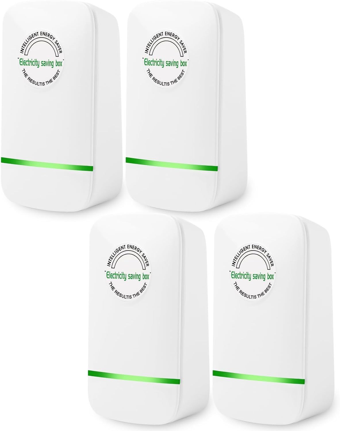 Four white electricity saving boxes labeled 'Intelligent Energy Saver' with a green stripe and text.