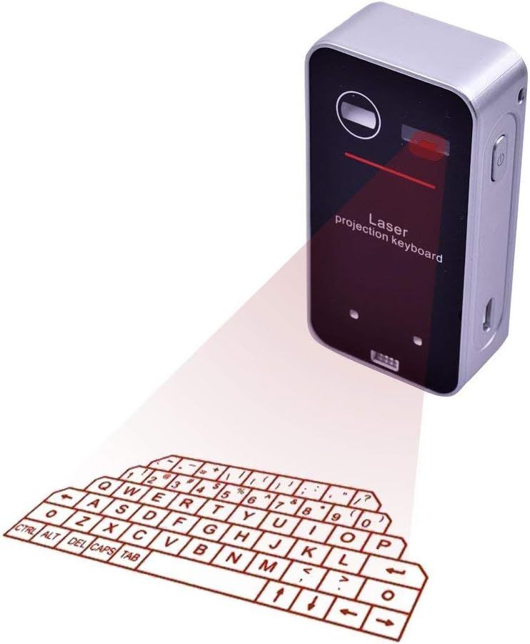 Laser projection keyboard device emitting a virtual keyboard on a flat surface.