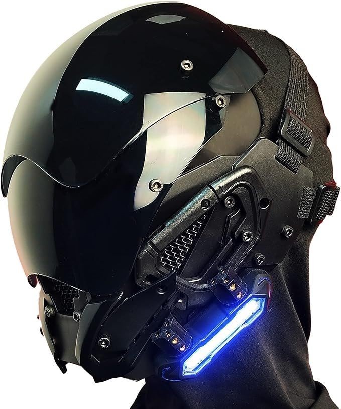 A futuristic black helmet with a shiny visor and illuminated blue lights, featuring intricate mechanical details.