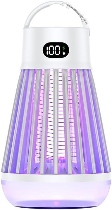 Electric mosquito trap with LED light and digital display showing 100% charge.