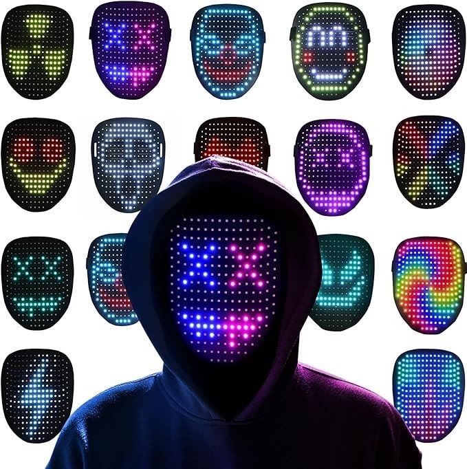 Person in hood with LED mask displaying colorful pixel face designs, surrounded by various pixelated expressions.