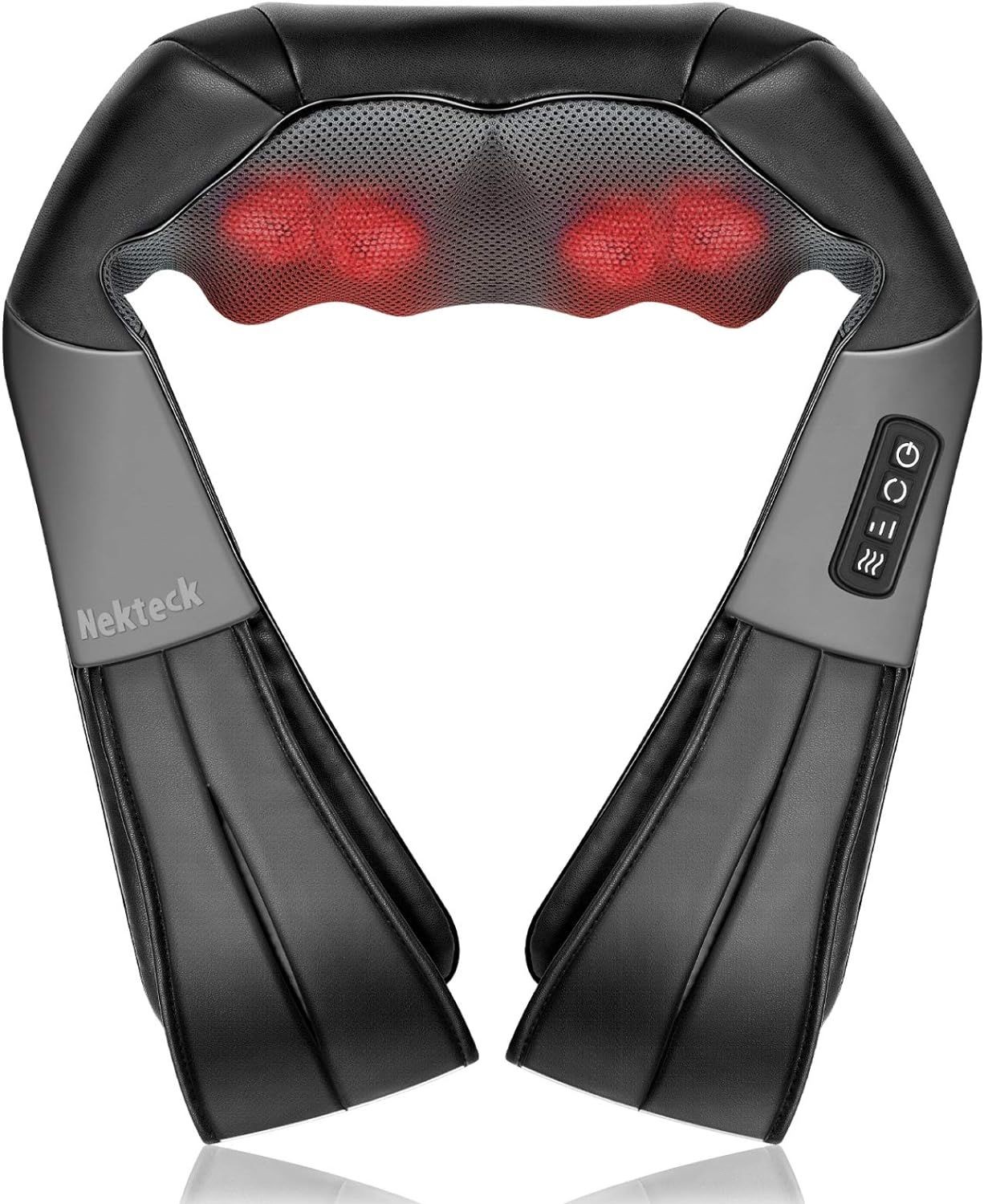 Black and gray neck massager with red heat nodes and control buttons.