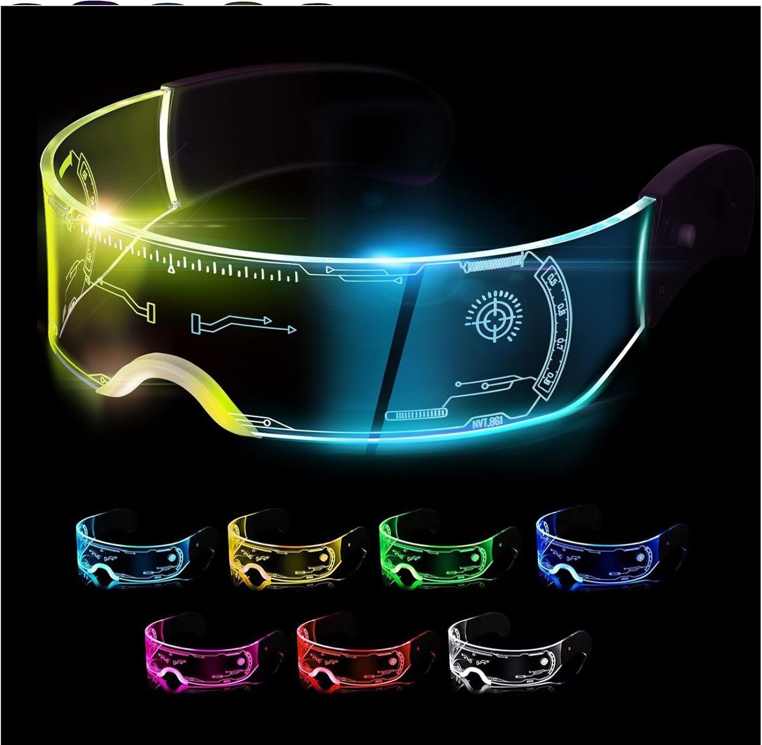 Futuristic visor with holographic display and multiple color variations on a black background.