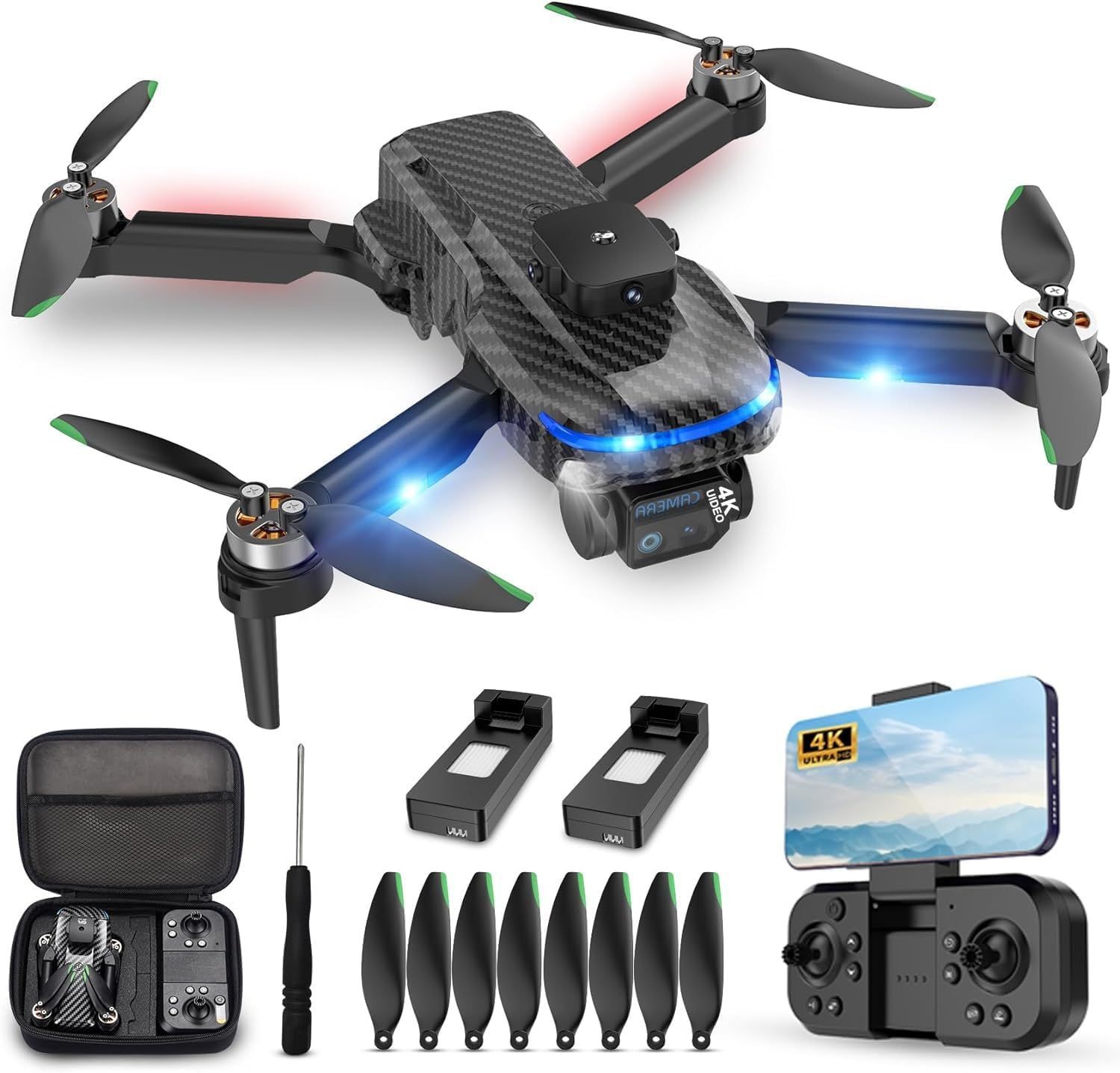 Foldable drone with accessories, including remote control, propellers, batteries, and carrying case.