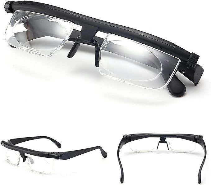 Adjustable magnifying glasses with clear lenses and a black frame, shown from multiple angles.