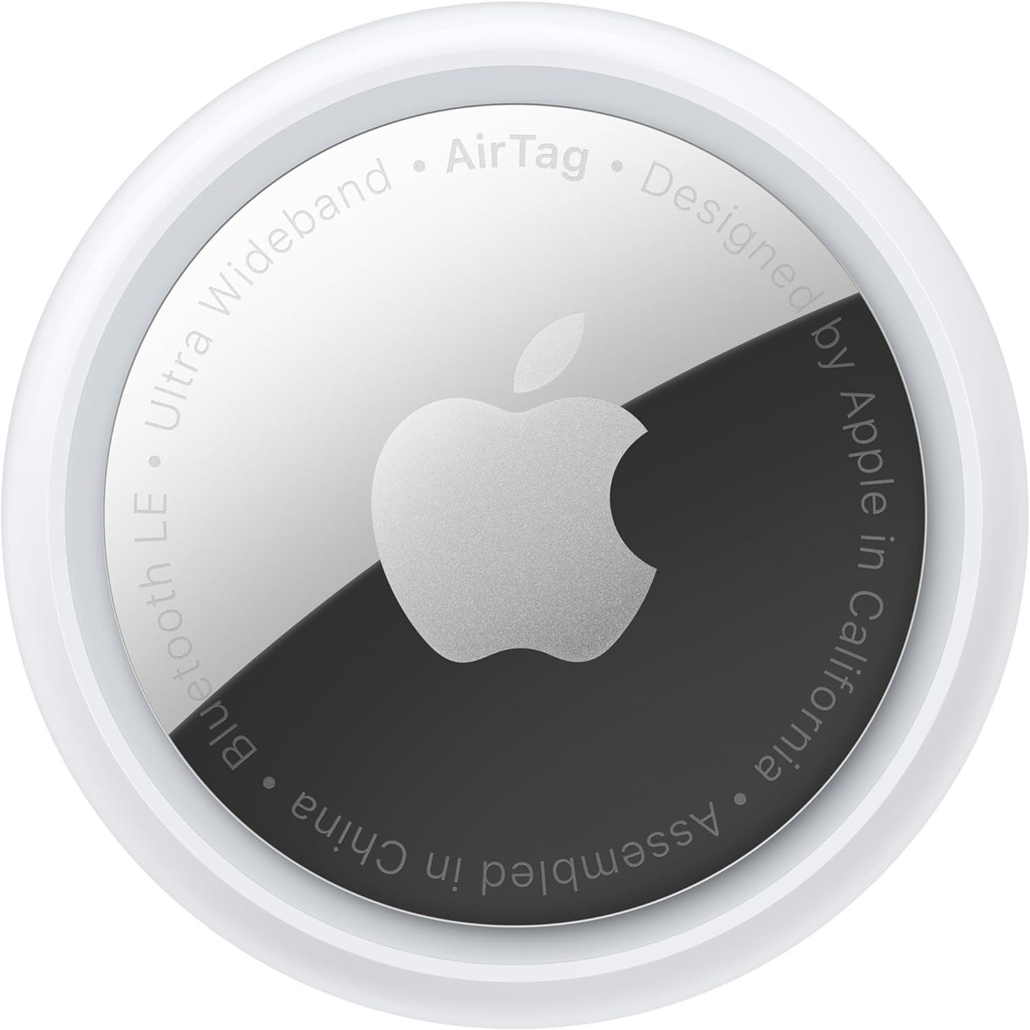 Close-up image of an Apple AirTag with a metallic finish and Apple's logo in the center.